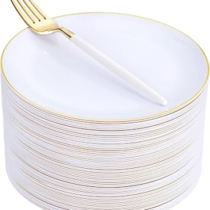LIYH 96 Pcs White Gold Dessert Plates with Dessert Forks, 48 Plates and 48 Forks, Gold Cake Appetizer Plastic Disposable Plate for Tea Parties, Birthdays, Wedding