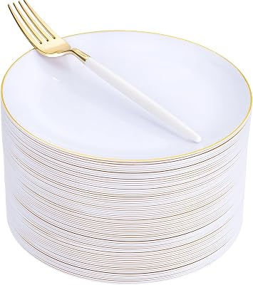 LIYH 96 Pcs White Gold Dessert Plates with Dessert Forks, 48 Plates and 48 Forks, Gold Cake Appetizer Plastic Disposable Plate for Tea Parties, Birthdays, Wedding