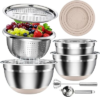 Stainless Steel Mixing Bowls Set with Lids & Silicone Base – 7-Piece Kitchen Gadgets Includes Colander, Grater, Egg Separator, Whisk – Nesting Bowls (1.5, 2, 2.5, 4.5 QT), Dishwasher Safe, Khaki