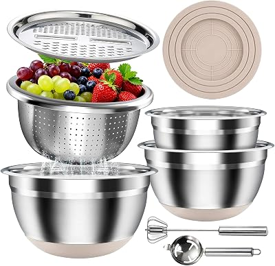 Stainless Steel Mixing Bowls Set with Lids & Silicone Base - 7-Piece Kitchen Gadgets Includes Colander, Grater, Egg Separator, Whisk - Nesting Bowls (1.5, 2, 2.5, 4.5 QT), Dishwasher Safe, Khaki