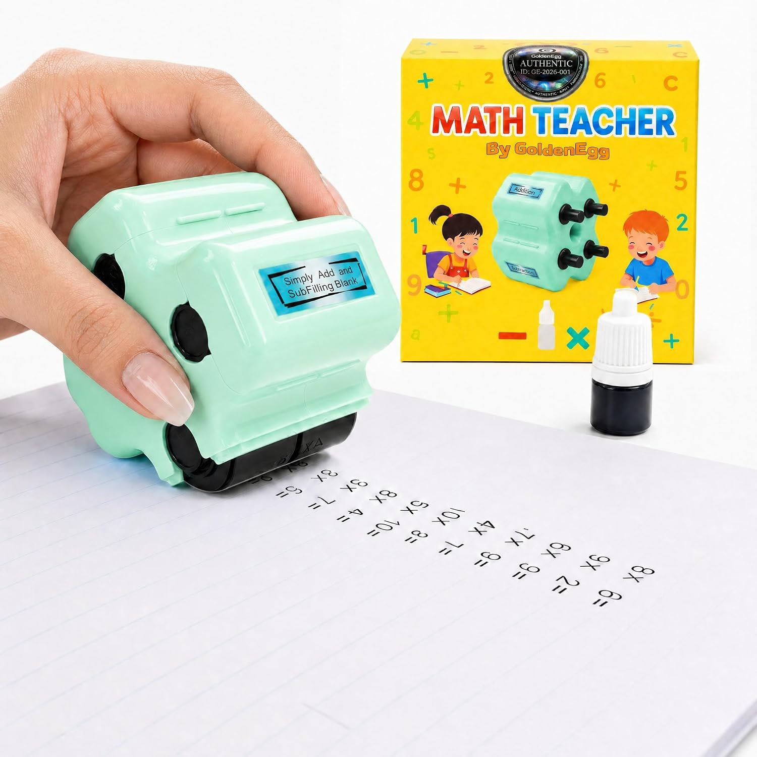 Math Teacher 4-in-1 Math Roller Stamp for Kids – Addition, Subtraction, Multiplication & Fill-in-the-Blank Practice Tool for Teachers, Classroom Activities, Homeschool & Daily Math Worksheets (Green)