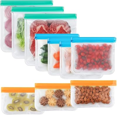 10Pack Reusable Freezer Bags, Leakproof Silicone Food Storage Bags, Dishwasher Safe Bpa Free Reusable Bags For Lunch Marinate & Travel - 3 Gallon, 4 Sandwich, 3 Snack Sizes