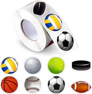 Outus 800 Pcs Sports Stickers Waterproof Sports Ball Sticker Labels Roll 1.38'' Basketball Baseball Soccer Football Tennis Golf Puck Volleyball Decorative Decals for Birthday Themed Party