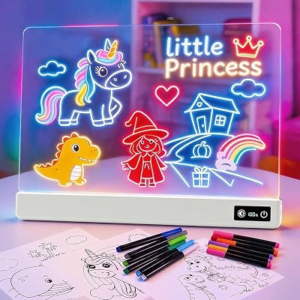 17 Inch Rechargeable LED Drawing Board for Kids, Upgraded 15 Colors Light Up Doodle Pad, Anti-Scratch PVC, Flicker-Free Eye Care, Includes Tracing Cards & 12 Markers, Gift for Girls Kids (White)