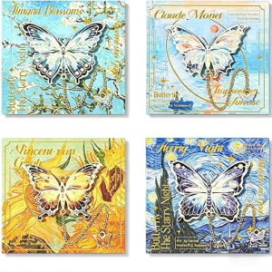 4 Pieces Golden Metal Butterfly Bookmarks with Chain, Art Oil Painting Scenery Bookmarks, Colorful Butterfly Book Marks Gifts for Book Lovers, Readers