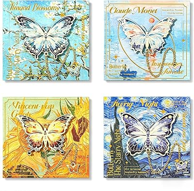 4 Pieces Golden Metal Butterfly Bookmarks with Chain, Art Oil Painting Scenery Bookmarks, Colorful Butterfly Book Marks Gifts for Book Lovers, Readers