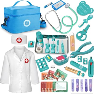 Kids Dentist Play Set, 48 Pcs Doctor Kit for Toddlers 3-5, Pretend Playset for Toddlers with Medical Bag, Stethoscope and Removable Teeth, Educational Wooden Medical Kit for Boys Girls