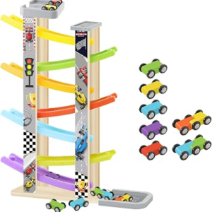 Wooden Car Ramp Toy Set, Montessori Ramp Set Includes 7 Mini Cars and Track — Educational Gift for Boys and Girls 3+ Years Old