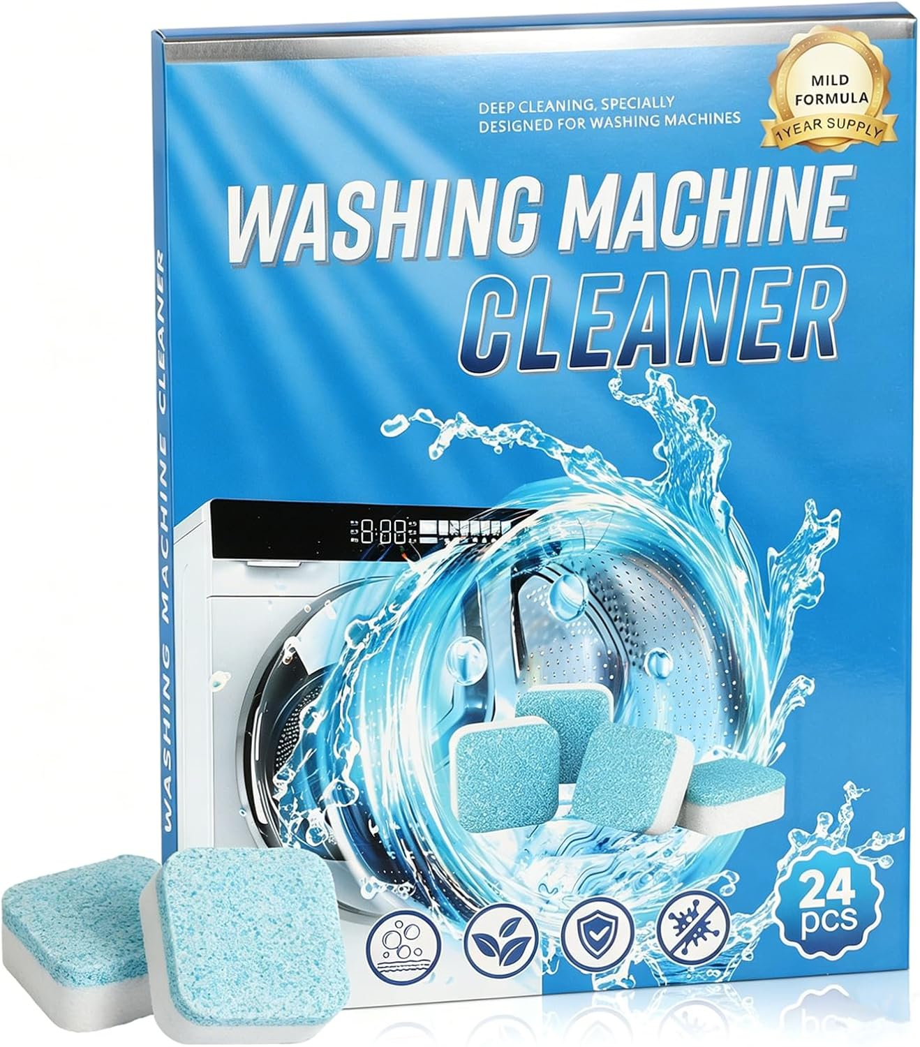 Washing Machine Cleaning Tablets 24 Count, Powerful Clean Descaler & Odor Remover for All Front & Top Load HE Washers, Septic Safe, 12 Month Supply
