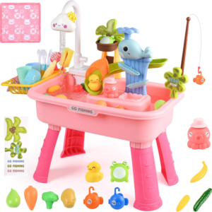 Mobelixy Upgraded Toddler Sand Water Table Toy with Electric Water Pump, Kids Sand Water with Faucet/Play Food Accessories/Fishing Toy, Kitchen Play Sink Toys for Girl Boy Age 3+ (Pink)