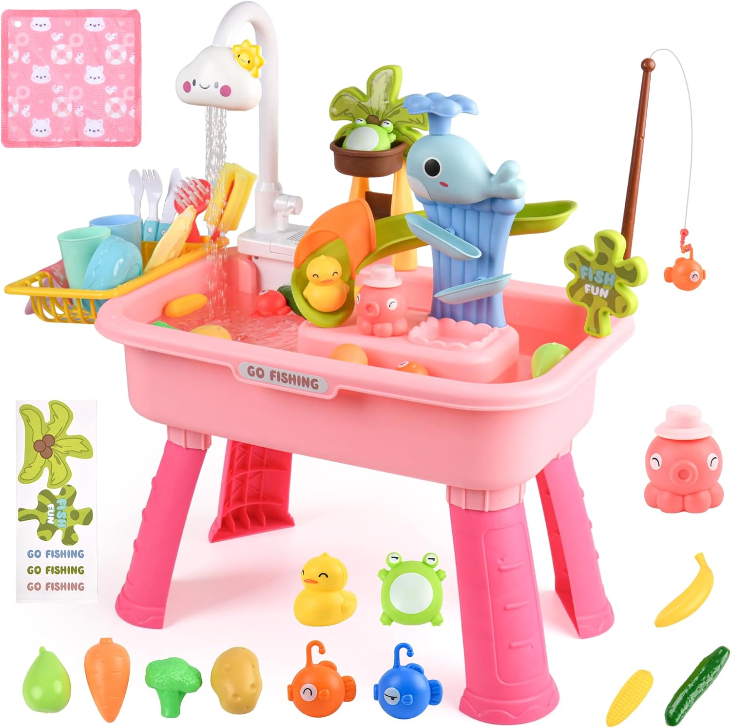 Mobelixy Upgraded Toddler Sand Water Table Toy with Electric Water Pump, Kids Sand Water with Faucet/Play Food Accessories/Fishing Toy, Kitchen Play Sink Toys for Girl Boy Age 3+ (Pink)
