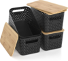 ZFTMRR Plastic Storage Bins with Bamboo Lids, Stackable Small Box Baskets for Organizing and Containers for Shelves Drawers Desktop Closet Pantry Classroom Office Home, 4 Pack 12×7.3×6.2 Inch, Black