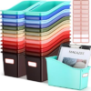 Teling 24 Pcs Plastic Book Bins Bulk for Classroom Interlocking Magazine Holder Organizer Folder Binder Storage Container Box with Name Labels for School Office Home Supply (Retro Earth Tone)