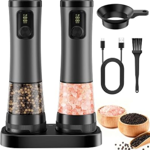 Electric Salt and Pepper Grinder Set – Rechargeable Salt Grinder with Led Power Display – Automatic Pepper Grinder with Storage Base – Pepper Mill with Light for Kitchen