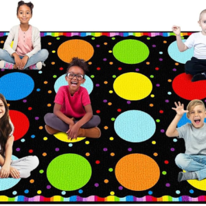 Booooom Jackson Classroom Rug – 7’6”x13′ Rainbow Seating Dots Preschool Classroom Carpet, Non-Slip & No-Trip Edges, Vibrant Colors for Kids Playroom Floor Mat