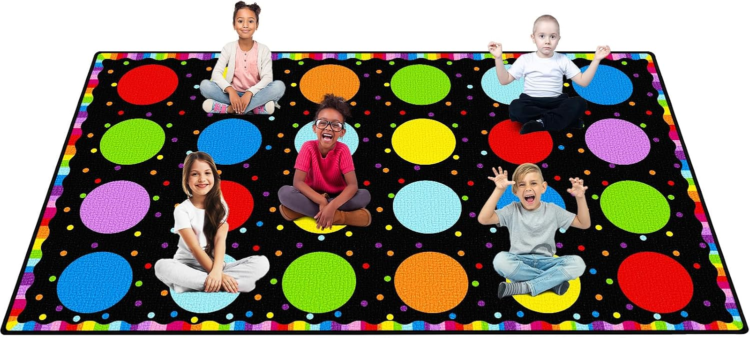 Booooom Jackson Classroom Rug - 7'6''x13' Rainbow Seating Dots Preschool Classroom Carpet, Non-Slip & No-Trip Edges, Vibrant Colors for Kids Playroom Floor Mat