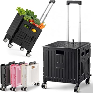 SUNALLY Folding Utility Cart Portable Rolling Crate Handcart Shopping Trolley with Lockable Wheels,Lid, Collapsible Tool Box for Grocery, Travel, Garden, Shop, Office, Luggage, Teacher, Black