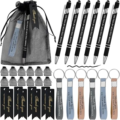 ANPHILE Employee Appreciation Gifts Bulk, 24 Pack Thank You Gifts | for Coworkers Staff Teachers Nurses Volunteers Includes Inspirational Keychains Pens Thank You Cards and Organza Gift Bags