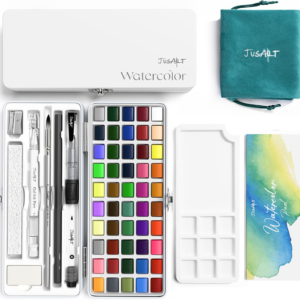 JusArt 50 Colors Watercolor Paint Set,Art Supplies with Metallic Color, Detail Painting Brushes, Water Brush Pens, Portable Travel Watercolor Painting Set for Adult, Artists, Professionals