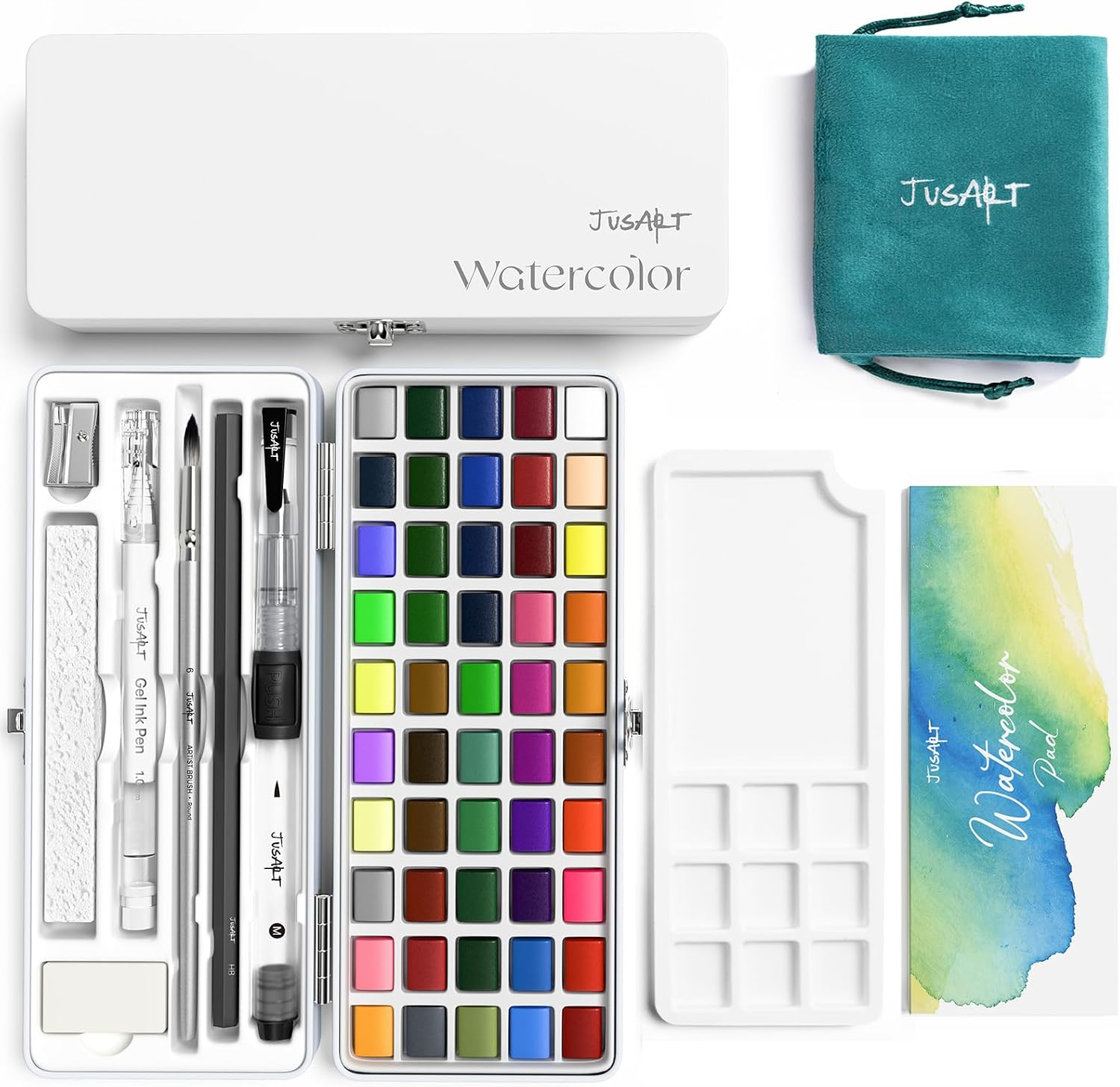 JusArt 50 Colors Watercolor Paint Set,Art Supplies with Metallic Color, Detail Painting Brushes, Water Brush Pens, Portable Travel Watercolor Painting Set for Adult, Artists, Professionals