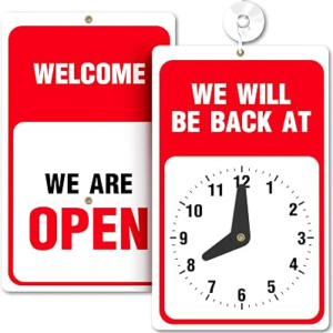 Will Return Sign With Clock – 9.25 x 5.75 Inch – Bright Red and White Colors – Includes Suction Cup – Ideal Be Right Back Signs for Business, Retail Store, Office Door or Window