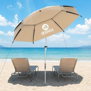 Bebara 7FT Beach Umbrella with Heavy Duty Sand Anchor – Double-Layer Canopy & Height Adjustable, UPF 50+ Sun Protection for Beach, Patio, Outdoors-Tan