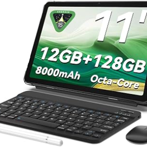Tablet 11 inch Android 15 Tablets | Octa-core | 12GB RAM+128GB ROM | 8000mAh Tablet with Keyboard | Mouse | Case | Dual Band WiFi | BT 5.0 | GPS | 13 MP Dual Camera (Blue with Keyboard) (Black)