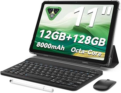 Tablet 11 inch Android 15 Tablets | Octa-core | 12GB RAM+128GB ROM | 8000mAh Tablet with Keyboard | Mouse | Case | Dual Band WiFi | BT 5.0 | GPS | 13 MP Dual Camera (Blue with Keyboard) (Black)