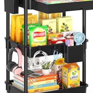 SUNALLY 3 Tier Rolling Cart with Drawer, Bathroom Storage Organizer with 2 Lockable Wheels, Multifunctional Rolling Storage Cart for Bathroom, Kitchen, Office, Craft, Makeup, Baby Essentials, Black