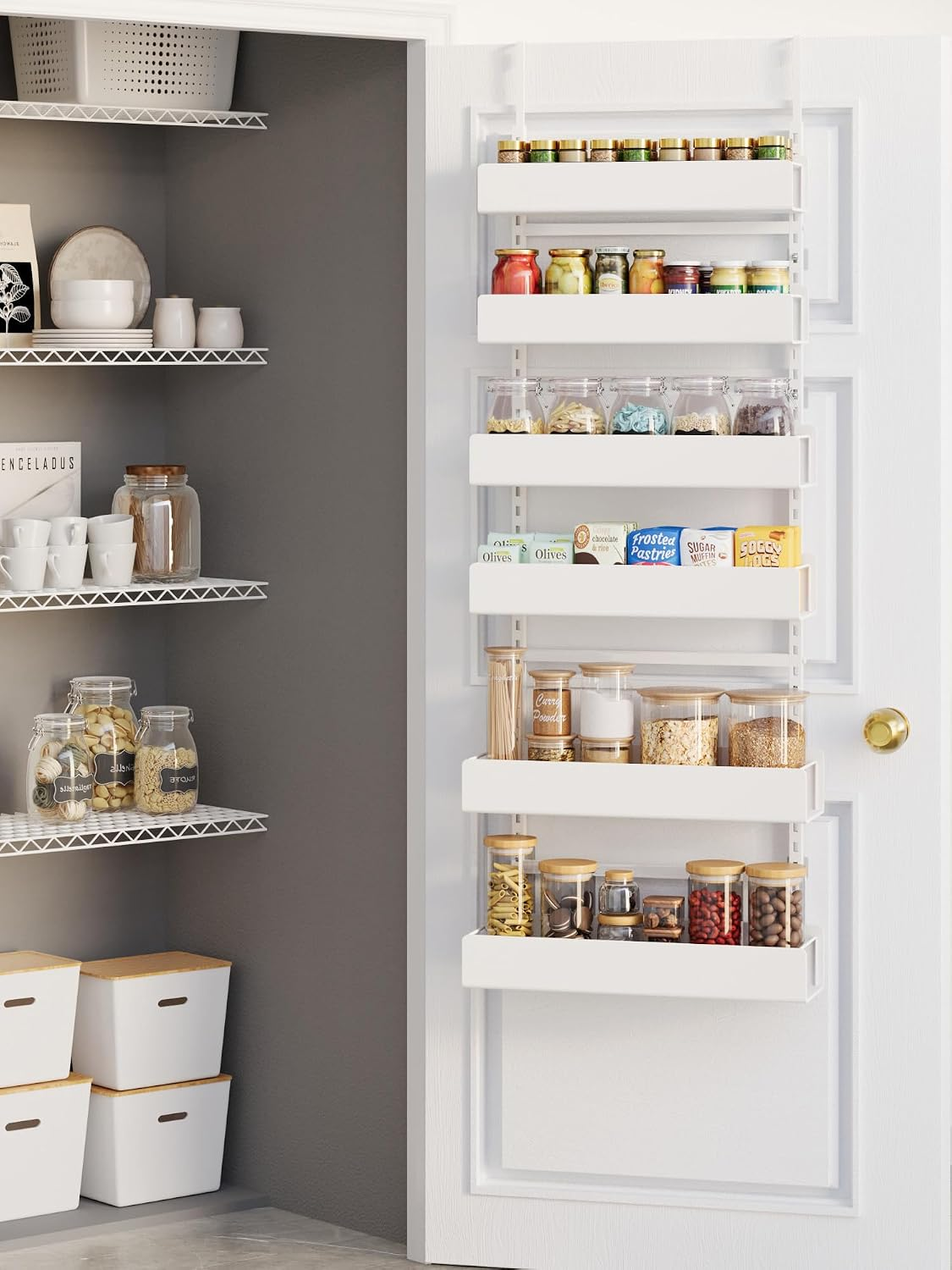 NQW 6-Tier Hanging Pantry Organizer, Metal Spice Rack Storage for Kitchen Laundry Bathroom Cabinet, White
