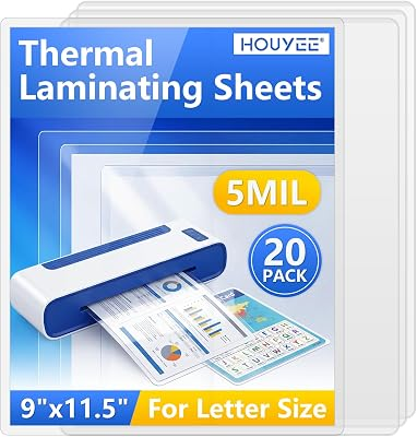 HOUYEE Laminating Sheets 5 Mil, Hold 8.5 x 11 Inches, 20 Pack Thermal Laminating Pouches, 9 x 11.5 Laminate Sheets for Laminator, Ultra Clear, Letter Size, Office and School Supplies