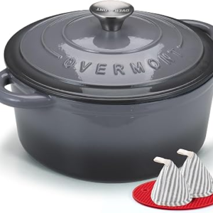 Overmont Enameled Cast Iron Dutch Oven – 4.5QT Pot with Lid Cookbook & Cotton Potholders – Heavy-Duty Cookware for Braising, Stews, Roasting, Sourdough Baking grey