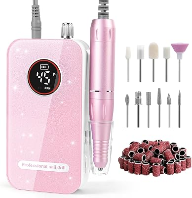 Professional Nail Drill Electric File 45000RPM, Portable Rechargeable Electric Nail File with 11 Drill Bits & 50 Sanding Bands, Low Noise Nail Drill Kit for Acrylic Gel Nails, Salon & Home Use, Pink