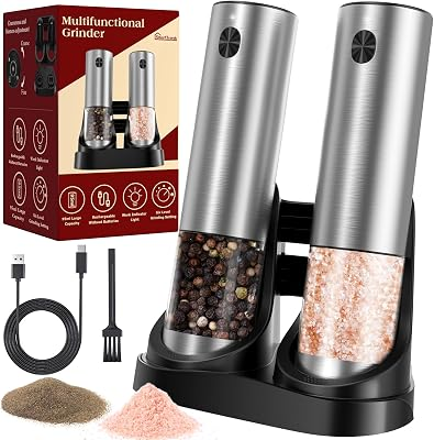 Electric Salt and Pepper Grinder Set Rechargeable, 2 Pack | 6 Adjustable Coarseness Levels, 95ml Large Capacity & Clear Container, Pepper Grinder Mill Electric with LED Light