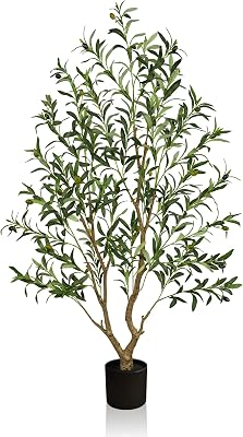 Olive Trees Artificial Indoor 5FT Tall, Faux Olive Tree with Black Basic Planter, Lifelike Fake Olive Plant Decorative, Silk Leaves and Premium Plastic Trunk for Home Living Room O