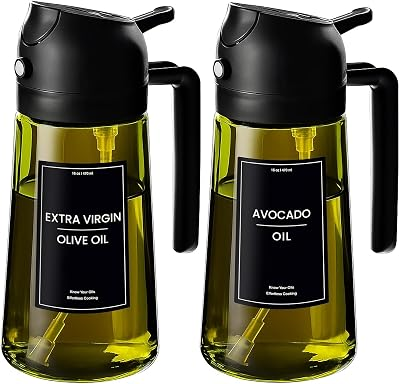 2PCS 16oz/470ml Glass Olive Oil Sprayer for Cooking - 2 in 1 Olive Oil Dispenser for Kitchen Gadgets, Air Fryer, Salad, and BBQ (Black & Black)