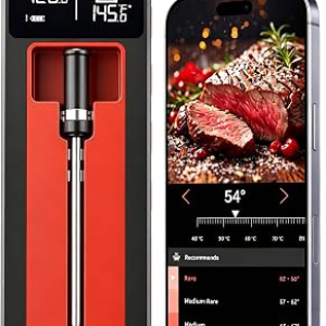 Smart Wireless Meat Thermometer IP67 Ultra-Thin Probe ±0.5℉ Accuracy Bluetooth 230ft Real-Time Monitoring & Smart Alerts with APP Standalone Display Base for BBQ, Oven, Kitchen,Grill,Smoker