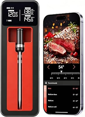 Smart Wireless Meat Thermometer IP67 Ultra-Thin Probe ±0.5℉ Accuracy Bluetooth 230ft Real-Time Monitoring & Smart Alerts with APP Standalone Display Base for BBQ, Oven, Kitchen,Grill,Smoker