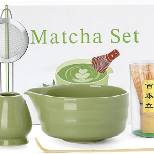 Matcha Whisk Set – 5PCS Matcha Set Includes 17OZ Chawan with Spout, Bamboo Chasen Whisk with Ceramic Holder, Matcha Scoop and Stainless Sifter, Matcha Kit for Ceremony, Gift for Matcha Lovers