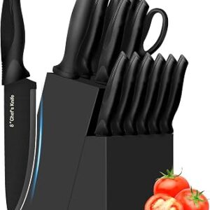 XANAPON Knife Set, 14 Pieces Kitchen Knife Set, High Carbon German Stainless Steel, Dishwasher Safe Cutlery with Sharpener, Black