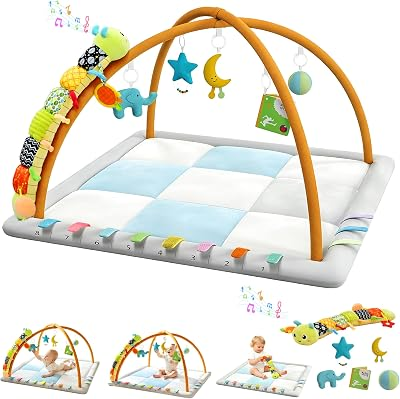 Baby Play Gym & Activity Mat, Baby Tummy time mat w 6 Detachable Toys, Promote Motor Skills & Sensory Development Mat, Newborn Infant Baby Essentials Gift.