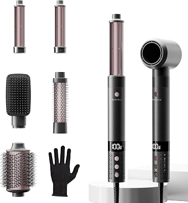 6 in 1 Blow Dryer Brush Set, Powerful Hair Dryer Brush with Auto-Winding Curl L/R, Fast Drying, Smooth Blowouts, Root-Lift Volume, No Heat Damage Frizz-Free Thermal Brush, Hot Air Styler for Travel