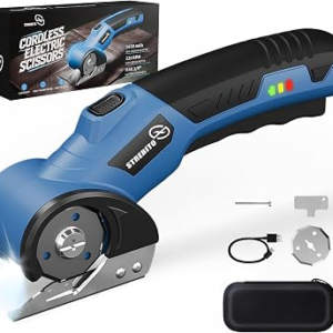STREBITO Cordless Electric Scissors, 4V Electric Box Cutter for Cardboard | 2600mAh Battery, 320RPM Motor, Safety Lock & LED Light, Cardboard Cutter with 2 Blades for Fabric, Leather, Carpet, Plastic