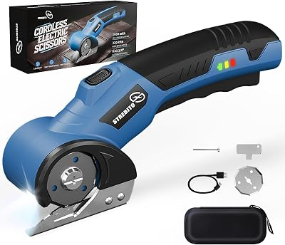 STREBITO Cordless Electric Scissors, 4V Electric Box Cutter for Cardboard | 2600mAh Battery, 320RPM Motor, Safety Lock & LED Light, Cardboard Cutter with 2 Blades for Fabric, Leather, Carpet, Plastic