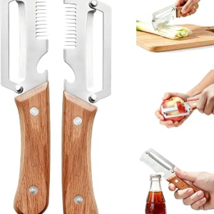 Left & Right Hand Vegetable Peeler Set with Scallion Slicer & Bottle Opener, Heavy-Duty Thick Stainless Steel Blade, Multi-Function Kitchen Peeler with Wooden Handle for Fruits & Vegetables(New 2pcs)