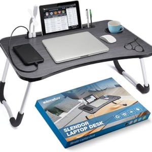 Slendor Lap Desk with Cup Holder, Foldable Laptop Table for Bed, Portable Bed Desk for Laptop and Writing, Computer Tray with Tablet Slot, Notebook Stand Reading Holder for Couch Sofa Floor,Black