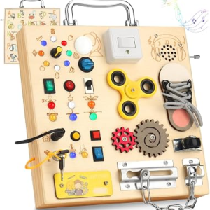 Wooden Montessori Busy Board with 17 LED Lights for Toddlers | Sensory Activity Board with Music Box & Locks, Travel Educational Toy, Birthday Gift for Boys & Girls