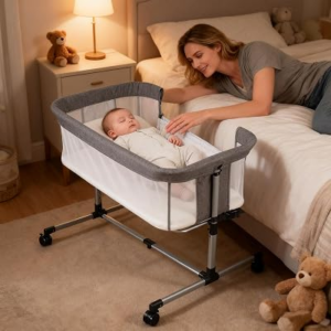Baby Bassinet, 2 in 1 Bassinet Bedside Sleeper with Wheels, Stable and Secure Bedside Bassinets for Newborn Infant, 5 Height Adjustable Baby Crib, Breathable Full Mesh & Mattress, Grey