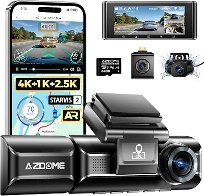 AZDOME M550 Max 4K 3 Channel Dash Cam, Dual STARVIS 2 Sensors, 4K+2.5K+1080P Front and Rear Inside Triple Car Camera, Built-in WiFi GPS, 64GB Card Included, IR Night Vision, Ride Share Accessories