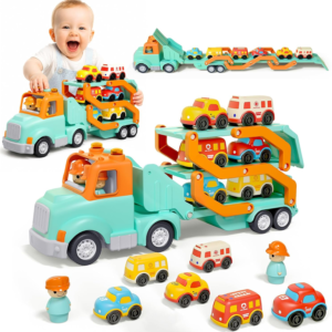 Veslier Toddler Truck Toys for Boys Girls Age 18M+, 30 in Foldable Track Trailer with Light and Sound Effects, Christmas Birthday Gift for 2 3 4 5 6 Year Old